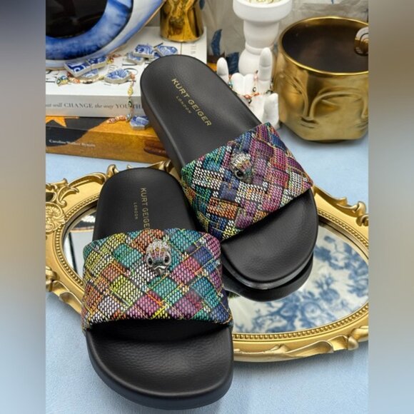 🆕 KURT GEIGER LONDON 🧿 NWOB Meena Eagle Slide, Black Rainbow Weave Sz 39 US8.5 - Picture 8 of 14